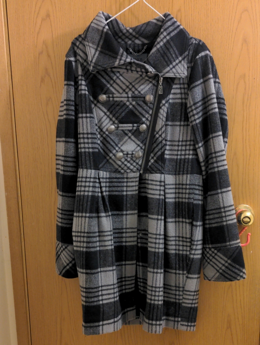 Womens Black & Gray Plaid Pea Coat